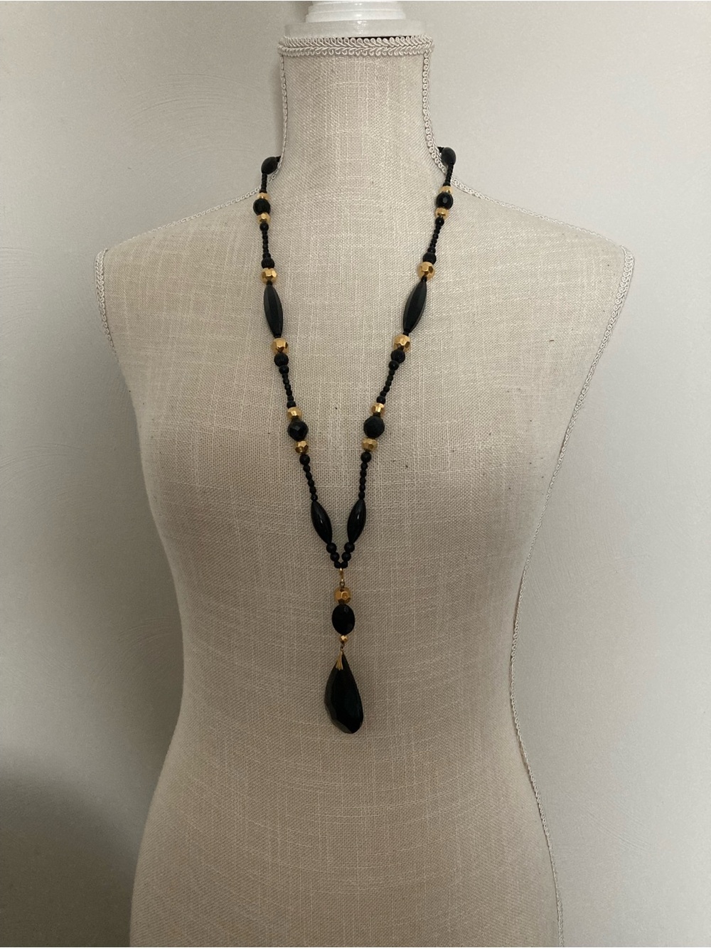 Louis Feraud Paris Vintage Black & Gold Beaded Necklace with Removable Pendant